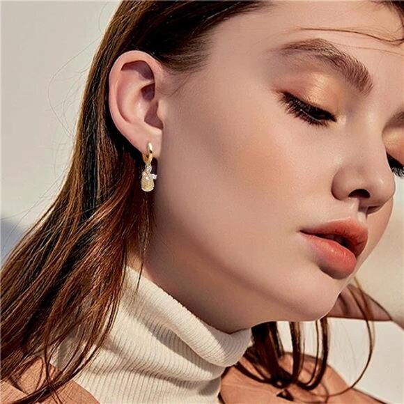 Sparkly Gold Hoop Earrings | 3D Water Drop & Butterfly Dangle - Picture 2 of 6